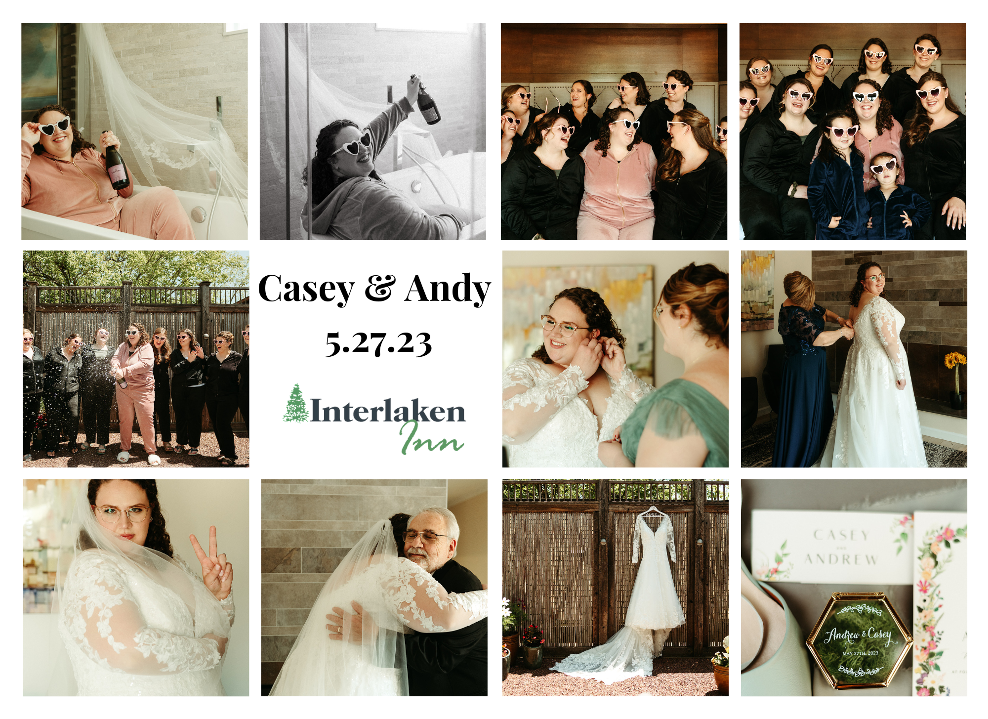 collage of scenes from Casey and Andy's wedding at the Interlaken Inn